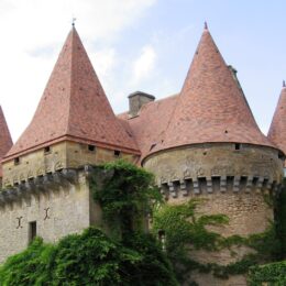 Toits du château de Marzac (dept 24). Tuiles plates en terre cuite gamme MH , 3 teintes 2 patines