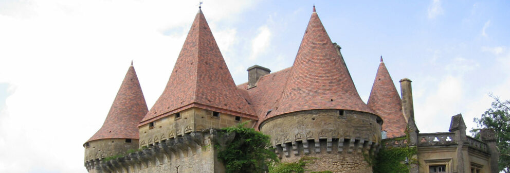Grande vue des toits du château de Marzac (dept 24) avec ses tuiles plates en terre cuite